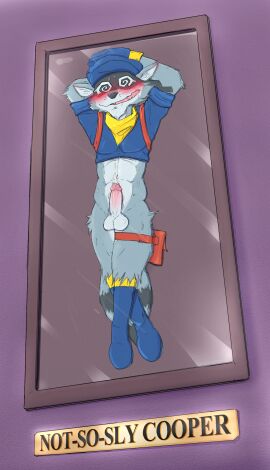 2022 absurd_res anthro anthro_only balls biped black_nose blue_boots blue_clothing blue_footwear blue_gloves blue_handwear blue_hat blue_headwear blush bodily_fluids boots circumcised clothed clothing cum cumshot digital_drawing_(artwork) digital_media_(artwork) display displayed domino_mask ejaculation embarrassed english_text erection eyemask eyewear flattened footwear fur genital_fluids genitals glans gloves grey_body grey_fur hands_behind_head handwear hat headgear headwear hi_res humanoid_genitalia humanoid_penis kerchief leg_pouch male male_only malleable_body malletspace mammal mask neckerchief open_mouth penis procyonid raccoon sly_cooper sly_cooper_(series) smile solo sony_corporation sony_interactive_entertainment spiral_eyes sucker_punch_productions sweat text yellow_kerchief yellow_neckerchief