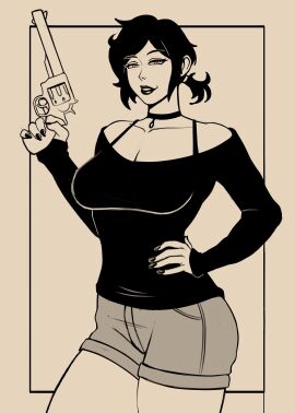 1girls ashley_graves ass big_ass big_breasts breasts bust busty chest clothing curvaceous curvy curvy_figure davespinup digital_media_(artwork) female female_focus firearm handgun hips hourglass_figure huge_ass huge_breasts human large_ass large_breasts legs light-skinned_female light_skin mature mature_female pale_skin revolver slim_waist the_coffin_of_andy_and_leyley thick thick_hips thick_legs thick_thighs thighs voluptuous waist weapon wide_hips