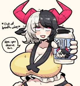 1girls animal_ears big_breasts breasts cleavage clothed_female cow_ears cow_girl doodle english_text female horns light-skinned_female light_skin mature_female milk_bottle notnoe_(dxcl) red_eyes red_horns request solo solo_female talking_to_viewer text text_bubble touhou urumi_ushizaki white_background
