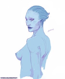 1girls 2d 2d_(artwork) alien alien_girl artist_name asari blue-skinned_female blue_body blue_skin breasts bust color drawing drawn female female_only gregoryguyy looking_at_viewer looking_over_shoulder mass_effect mass_effect_2 mature mature_female milf nipples nude nude_female patreon_username samara self_upload solo