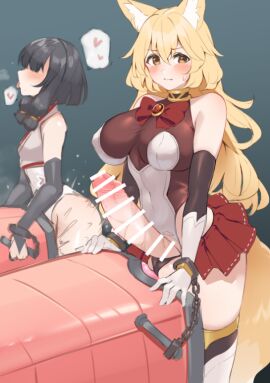 2futas animal_ears balls bar_censor bare_shoulders black_panties blonde_hair blush bow breasts breeding_mount breeding_mount_use censored clothed clothing covered_navel cowboy_shot cuffs duo elbow_gloves erection female fox_ears fox_girl fox_tail futa_masturbation futa_milking futa_only futanari gloves handcuffs heart huge_cock humanoid humanoid_penis intersex kana_(neko_mantis) kemonomimi light-skinned_futa light_skin long_hair masturbation microskirt multiple_females multiple_girls neko_mantis original panties partially_clothed penis penis_milking penis_milking_machine red_bow red_skirt showgirl_skirt skirt small_breasts standing sweatdrop tail testicles thighhighs two-tone_leotard underwear