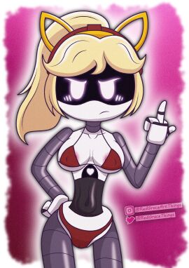 1girls 2d almost_naked almost_nude angry angry_expression angry_face artist_name artist_website bikini blonde_hair blush blushing_female breasts female female_only glitch_productions humanoid humanoid_female humanoid_only lizzy_(murder_drones) middle_finger murder_drones navel nipples pink_eyes pink_nipples pussy redgracethings robot robot_girl robot_humanoid screen_face slim_waist solo solo_female