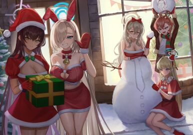 5girls ahoge akane_(blue_archive) alternate_costume animal_ears arm_under_breasts arms_up asuna_(blue_archive) bare_shoulders bell black-framed_eyewear blonde_hair blue_archive blue_eyes blue_halo bow bowtie box braid branch breasts brown_hair brown_jacket brown_shorts choker christmas christmas_ornaments christmas_tree cleaning_&_clearing_(blue_archive) cleavage cleavage_cutout closed_mouth clothing_cutout commentary dark-skinned_female dark_skin doodle_sensei_(blue_archive) dress english_commentary fake_animal_ears fake_antlers female gift gift_box glasses gloves green_bow green_bowtie grin hair_between_eyes hair_bow hair_over_one_eye halo hat highres holding holding_gift huge_ahoge jacket kama_(kama_ovo) karin_(blue_archive) large_breasts leaning_forward long_hair looking_at_viewer midriff mittens multiple_females multiple_girls navel neck_bell neru_(blue_archive) night open_mouth outdoors party_hat purple_halo rabbit_ears red_bow red_eyes red_gloves red_mittens santa_costume santa_gloves santa_hat scarf sensei_(blue_archive) shirt short_dress short_hair shorts side_braid sitting skirt smile snow snowball snowman standing strapless strapless_dress striped_clothes striped_scarf toki_(blue_archive) very_long_hair white_shirt window yellow_eyes yellow_halo