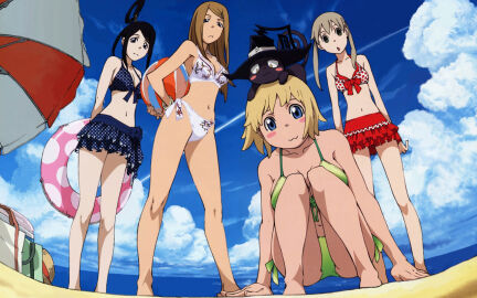 16:10_aspect_ratio 3boys 5girls :3 :o animal animal_on_head arms_behind_back back bangs beach beach_ball beach_umbrella bikini bikini_skirt black_cat black_hair black_star blair_(soul_eater) blonde_hair blue_bikini blue_eyes blue_swimsuit blush_stickers bow bow_bikini bow_swimsuit bracelet breasts brown_hair character_name chestnut_mouth cleavage clothing cloud condensation_trail dark_skin day death_the_kid elizabeth_thompson eruka_frog feline female front-tie_bikini front-tie_top frown green_bikini green_eyes green_swimsuit grey_hair hand_in_pocket hat hat_removed headwear headwear_removed high_ponytail high_resolution holding innertube itou_yoshiyuki jewelry knees_on_chest layered_skirt legs long_hair looking_at_viewer magazine_(source) magazine_scan maka_albarn male male_swimwear mizune multicolored_hair multiple_boys multiple_females multiple_girls multiple_males nakatsukasa_tsubaki navel ocean official_art on_head open_mouth outdoors page_number patricia_thompson polka_dot polka_dot_bikini polka_dot_swimsuit ponytail print_bikini print_swimsuit red_bikini red_swimsuit sand scan shirt shirtless short_hair short_sleeves siblings side-tie_bikini sideboob sidelocks sister sisters sky small_breasts soul_eater soul_eater_evans squatting standing straw_hat streaked_hair summer swept_bangs swimming_trunks swimsuit talking tanned text tied_hair twintails two-tone_hair umbrella very_high_resolution wallpaper white_bikini white_hair white_swimsuit witch_hat yellow_eyes