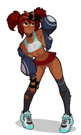 1girls bandage bandaid black_gloves black_leggings blue_jacket breasts brown_hair dark-skinned_female dark_skin female female_only freckles freckles_on_face freckles_on_shoulders green_eyes legs mal_(malberrybush) malberrybush malyna midriff midriff_baring_shirt miniskirt original original_character revealing_clothes short_skirt skimpy_clothes skirt small_breasts solo sports_bra tennis_shoes thighhighs underboob