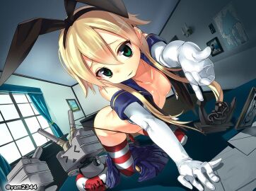 10s >_< all_fours anchor_hair_ornament black_panties blonde_hair bow breasts closed_eyes collarbone elbow_gloves female female_only gloves green_eyes hair_between_eyes hair_ornament hair_ribbon hairbow kantai_collection lifebuoy long_hair looking_at_viewer outstretched_hand panties pleated_skirt rensouhou-chan ribbon shimakaze_(kantai_collection) sidelocks skirt skirt_around_one_leg small_breasts solo solo_female striped_clothes striped_thighhighs swim_ring thighhighs thong underwear white_gloves yam2344 yamacchi