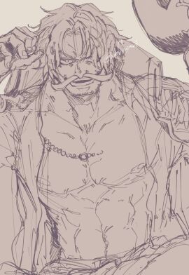 1boy artist_request bara black_and_white gol_d_roger human human_artist human_only male male_only muscular muscular_chest muscular_male no_ai one_piece simple_sketch sketch smiling yaoi