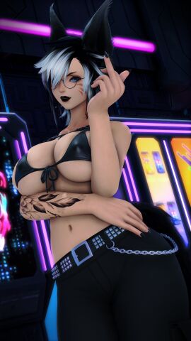 areola areola_bulge aylen_dawn aylen_ffxiv bikini bikini_top black_hair black_lipstick canid canine emo female female_focus female_only final_fantasy final_fantasy_xiv fox_ears fox_girl glasses goth goth_girl goth_tomboy gothic gpose_(ffxiv) middle_finger miqo'te solo_focus tomboy