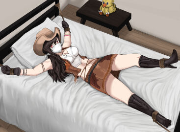 bondage bound cowboy_hat cowgirl female female_only femsub final_fantasy final_fantasy_vii fully_clothed gag gagged lying on_bed over_the_nose_gag restrained rope smoobyrope tifa_lockhart