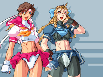 2d 2girls abs athletic athletic_female blonde_hair breasts brown_hair busty capcom female fit fit_female hourglass_figure karin_kanzuki qkat_(arikawa-dou) sakura_kasugano school_uniform schoolgirl street_fighter street_fighter_alpha tagme wide_hips