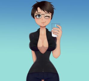 1girls :3 ;) ;3 alternate_version_available big_breasts blue_background blue_eyes breasts brown_hair chinazes cum cup female female_focus female_human female_only glasses high_resolution highres human light-skinned_female light_skin medium_breasts oc open_clothes original_character pants sfw short_hair smile solo solo_female solo_focus sperm stariy_bog thighs tomboy white_skin