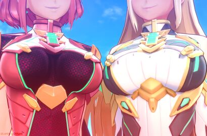 2girls 3d alternate_version_available big_breasts blonde_hair breasts breasts_focus earrings female head_out_of_frame large_breasts luminaryofages multiple_females multiple_girls mythra pyra red_hair short_hair smile xenoblade_(series) xenoblade_chronicles_2