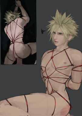 1boy anal anal_sex bdsm black_background blonde_hair blue_eyes bondage cloud_strife color final_fantasy final_fantasy_vii gay light-skinned_male light_skin male male/male naked nipples nude penis restrained shibari spank_marks spanked spanked_ass spanked_butt spiky_hair tagme white_skin yaoi