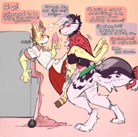 anthro arachnee_(eskymoz) big_tail blush bodily_fluids bottomwear canid canine canis clothed clothed_sex clothing collar dessert dialogue digitigrade domestic_dog duo employee employee_uniform facial_piercing felid feline female female_penetrated fluffy fluffy_tail food hat headgear headwear hi_res ice_cream ice_cream_cone male male/female male_penetrating male_penetrating_female mammal neo_(cheesiecakie) nose_piercing penetration piercing plap restaurant serval sex skirt smile soft_serve_icecream soft_serve_machine speech_bubble spiked_collar spikes stand_and_carry_position standing standing_sex strayserval sweat sweatdrop tail text uniform