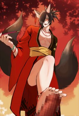 2_tails angry_face anklet bishonen bracelet brown_hair censored foot_fetish footjob gay gif kitsune male multi_tail necklace penis pixelated_penis sana_(artist) skinny twink