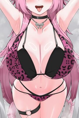 absurdres animal_print armpits bra breasts cat_tail choker cleavage collarbone eyes_out_of_frame female head_out_of_frame highres hololive hololive_english large_breasts leopard_print long_hair midriff navel nobarts pink_hair raora_panthera ring_light_reflection solo steam steaming_body tail thigh_strap tongue tongue_out underwear virtual_youtuber