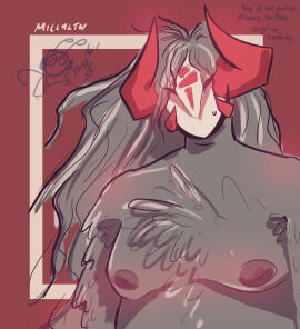 blush breasts feather_hair feathered_chest greying_hair horns katana_(phighting) long-haired_male long_hair male male_breasts male_with_breasts mask millyltn nervous phighting plus_size shirtless