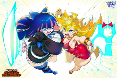 2girls aqua_eyes ass big_breasts blonde_hair blue_eyes blue_hair bracelet breast_press breasts cleavage curvy earrings female_focus full_body gun hair_ribbon hoop_earrings huge_breasts jewelry long_hair looking_at_viewer medium_breasts multicolored_hair multiple_girls nail_polish necklace panty_&_stocking_with_garterbelt panty_anarchy pink_hair ribbon siblings sisters skindentation stocking_anarchy sword symmetrical_docking thegoldensmurf thick_thighs thighhighs thighs two-tone_hair weapon