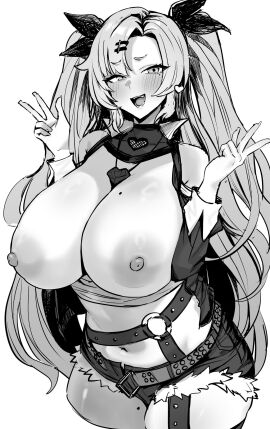 1girls belt blush breasts breasts_out double_w female fur-trimmed_shorts greyscale hair_ornament hair_ribbon hairclip highres hotate-chan jewelry large_breasts mole mole_on_breast mole_under_eye monochrome necklace nicole_demara ribbon short_shorts shorts solo two_side_up w zenless_zone_zero