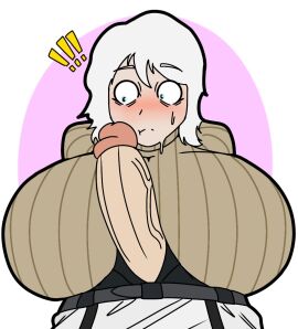 1boy 1girls acubedpersonoid alternate_version_available breasts cock faust_(limbus_company) female huge_cock limbus_company male massive_breasts penis project_moon sweater turtleneck turtleneck_sweater white_hair yi_sang_(limbus_company)