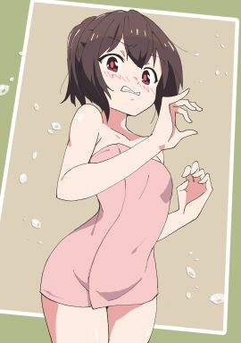 alternate_hairstyle armpit_crease bare_arms bare_shoulders blush breasts brown-haired_female brown_background brown_eyebrows brown_hair clenched_teeth covered_navel cowboy_shot embarrassed female hair_between_eyes hands_up highres kono_subarashii_sekai_ni_shukufuku_wo! looking_at_viewer megumin naked_towel noyama_takenoko petite petite_body petite_breasts petite_female petite_tits red-eyed_female red_eyes shiny_skin short_hair short_ponytail simple_background solo standing surprised teenage_female teenager teeth towel water_drop