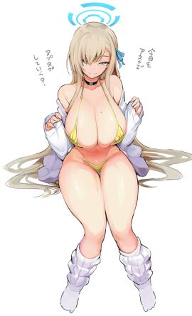 1girls asuna_(blue_archive) bikini blonde_hair blue_archive blue_eyes breasts female gold_bikini hair_over_one_eye hips huge_breasts light-skinned_female light_skin long_hair nac000 thick_thighs thighs wide_hips