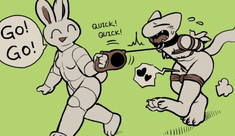 2021 4_toes anthro arms_tied arms_tied_behind_back biped black_collar blush bodily_fluids bondage bound chest_tuft claws closed_eyes collar d-ring digital_media_(artwork) digitigrade domestic_cat duo english_text feet felid feline felis female fur gizee green_background hands_behind_back heart_symbol kigoh kigoh-neko lagomorph leash leash_pull leashed_collar leporid long_tail male mammal nipples open_mouth open_smile petplay plantigrade rabbit segmented_body sharp_teeth simple_background smile sweat tail teeth text toe_claws toes toony tuft walking white_body white_fur