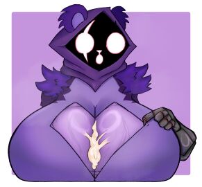 1girls absurd_res anthro anthro_only bear big_breasts bodily_fluids breasts cleavage_cutout clothing clothing_pull cum cum_on_breasts cutout epic_games female female_only fortnite fur genital_fluids hi_res huge_breasts mammal mimidumpi open_mouth raven_team_leader shocked simple_background solo solo_female steam sweat text torn_clothing
