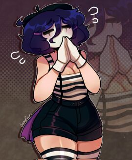 1girls booty_shorts female gloves jazy_(avatar) jazyowo millie_(jazyowo) mime mime_jazy shorts striped_legwear thick_thighs thigh_gap thighhighs