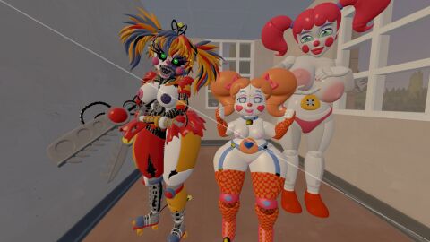 3d 3girls baby_(fnafsl) blue_eyes circus_baby circus_baby_(artidemonboy) circus_baby_(fnaf) clown clown_girl cosmic_trance female five_nights_at_freddy's five_nights_at_freddy's:_sister_location freddy_fazbear's_pizzeria_simulator green_eyes pale_skin red_hair robot robot_girl scrap_baby scrap_baby_(cosmic_trance) scrap_baby_(fnaf) sexbot_circus_baby skirt smile source_filmmaker twintails