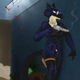 .357_magnum 2024 abs after_murder angry animal_genitalia anthro assassin athletic athletic_male balls black_body black_fur black_nose blood_drip blood_on_belly blood_on_ceiling blood_on_chest blood_on_hand blood_on_leg blood_on_stomach blood_on_wall blood_on_weapon blood_splatter blue_eyes bodily_fluids breaking_in cheek_tuft claws colt_python corridor countershade_neck countershading dripping dripping_blood excessive_blood eyewear eyewear_only facial_tuft flaccid fur genitals glasses glasses_only gulonine gun handgun hi_res holding_gun holding_handgun holding_object holding_ranged_weapon holding_revolver holding_weapon holster holster_only illegaleel inner_ear_fluff inside jack_salem leg_holster long_tail male mammal marten multicolored_body multicolored_fur murderer mustelid musteline nude penis penis_tip pince-nez ranged_weapon revolver sable_(marten) sheath slim smoke smoking_gun solo tail teeth thigh_holster tuft two-tone_body two-tone_fur walking weapon wearing_glasses whiskers