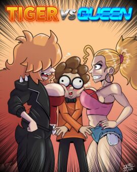 belly blonde_hair blush bra bra_peek breasts double_breast_smother eduarxoart female fighting_over_boy freckles freckles_on_breasts nerd_(nerd_and_jock) nerd_and_jock_(webcomic) queen_(nerd_and_jock) red_hair short_shorts sideboob tank_top thong tiger_(nerd_and_jock)