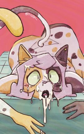 absurd_res anthro ass bbravaa big_lips blush blush_lines bodily_fluids colored covered_in_cum cum cum_dripping cum_in_hair cum_in_mouth cum_inside cum_on_face ear_piercing felid feline female genital_fluids green_eyes hair hi_res huge_ass inner_ear_fluff lipstick mammal meme mole_under_eye no_nut_november piercing pink_hair polly_(bbravaa) shocked short_hair solo spots tail tuft