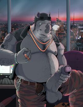 5_fingers absurd_res anthro anthro_only areola balls belly big_penis bodily_fluids body_hair bottomwear building city cityscape clothed clothing collar digital_media_(artwork) erection eyewear eyewear_on_head fingers foreskin genital_fluids genitals glasses glasses_on_head grondraws headgear headwear hi_res horn humanoid_genitalia humanoid_hands humanoid_penis jacket leaking_precum male male_only mammal masturbation muscular muscular_anthro muscular_male nails nickelodeon nipple_fetish nipple_pinch nipple_play nipples open_clothing open_jacket open_topwear overweight overweight_anthro overweight_male pants partially_retracted_foreskin pecs penis pinch precum retracted_foreskin rhinoceros ring rocksteady skyscraper smile solo standing tattoo teenage_mutant_ninja_turtles tmnt topwear unbuttoned_pants uncircumcised urethra vein veiny_penis