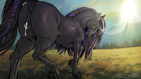 after_sex anatomically_correct anatomically_correct_genitalia anatomically_correct_vulva animal_genitalia animal_pussy animal_vulva anus black_body black_fur black_hair black_hooves bodily_fluids cum cum_in_vagina cum_inside equid equine equine_genitalia equine_pussy equine_vulva eyeliner facial_piercing female feral field fur genital_fluids genitals hair hi_res hooves horse leaking_cum lips lipstick long_tail looking_at_viewer looking_back looking_back_at_viewer makeup mammal nose_piercing nose_ring piercing puffy_anus pussy ring_piercing solo tail teats trixythespiderfox vulva