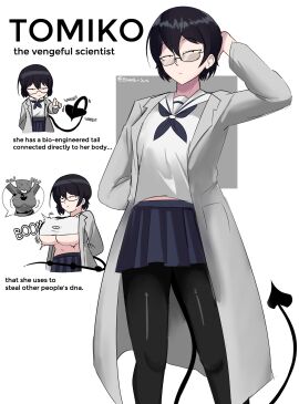 1girls attribute_theft black_hair blue_clothing breast_expansion breast_growth breast_growth_(enlargement) breasts devil_tail draining emmarrgus emotionless female glasses labcoat leggings nerd original original_character ripped_clothing scientist serafuku short_hair skirt small_breasts tail tired_eyes tomiko_(emmarrgus) underboob unethical_science