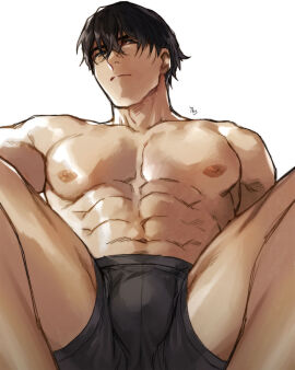 1boy abs black_eyes black_hair boxers expressionless legs_apart looking_at_viewer male male_only muscular muscular_male nipples original simple_background solo topless underwear underwear_only white_background yukibi_(ykb)