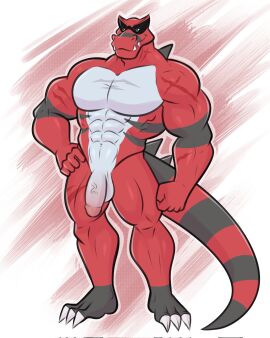 2023 3_toes 5_fingers abs abstract_background anthro arm_scar balls biceps black_body black_eyes black_scales black_spikes black_stripes black_tail chest_scar claws crocodilian deltoids empty_eyes facial_markings feet fingers fist flaccid generation_5_pokemon genitals hand_on_hip head_markings hi_res humanoid_genitalia humanoid_penis krookodile leg_scar male male_anthro male_only markings mask_(marking) mouth_closed multicolored_body multicolored_penis multicolored_scales muscular muscular_anthro muscular_male neck_scar nintendo nude nude_anthro nude_male outline pecs penis pink_penis pokemon pokemon_(species) pokemorph pumpking_wolf quads red_body red_scales red_tail reptile ring_(marking) ringed_tail scales scalie scar sharp_teeth snout solo spiked_tail spikes spikes_(anatomy) striped_body striped_markings striped_scales striped_tail stripes tail tail_markings teeth toe_claws toes two-tone_penis two-tone_tail vein veiny_penis white_balls white_body white_claws white_outline white_penis white_scales