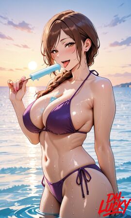 1girls adam's_sweet_agony ai_generated anime beach big_breasts braid braided_ponytail breasts brown_eyes brown_hair cleavage dh_lucky female hentai kaede-sensei_(modaete_yo adamu-kun) kimono licking mature_female modaete_yo adamu-kun nipples popsicle popsicle_melting purple_bikini solo solo_female solo_focus teacher