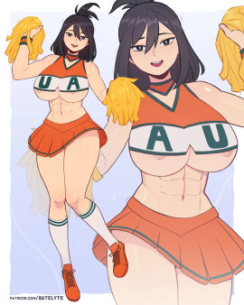 1girls abs beauty_mark belly_button big_breasts black-haired_female black_eyes black_hair breasts cheerleader cheerleader_uniform female female_focus female_only looking_at_viewer muscular muscular_female my_hero_academia nana_shimura navel nipple_slip nipples pom_poms satelyte skirt smile solo solo_female solo_focus thick_thighs tummy