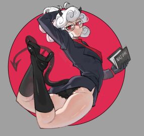 1girls arm_behind_head ass black_gloves black_jacket black_panties black_skirt demon demon_girl demon_horns demon_tail female glasses helltaker high_heels holding_object natukh pandemonica_(helltaker) red_eyes round_glasses socks white_hair