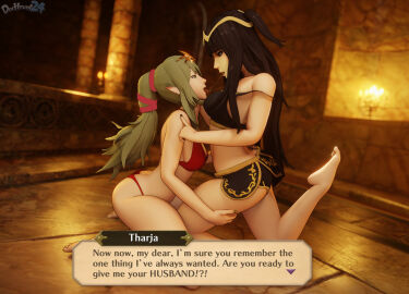 2girls 3d after_kiss alternate_costume arm_around_waist armpits ass ass_crack back bangs bare_arms bare_back bare_legs bare_midriff bare_shoulders barefoot big_ass bikini bikini_skirt bisexual bisexual_female black_bikini black_eyes black_hair black_nails black_swimsuit breasts butt_crack caress caressing_face cleavage collarbone dochaunt24 english_text female female_only femdom femsub fire_emblem fire_emblem_awakening full_body green_eyes green_hair green_nails half-closed_eyes hand_on_another's_face hand_on_another's_shoulder indoors kneeling leg_grab leg_up legs long_hair looking_at_another looking_down looking_up medium_breasts midriff multiple_females multiple_girls nail_polish nintendo off_shoulder open_mouth pointy_ears ponytail red_bikini red_swimsuit reward saliva saliva_trail sharing_partner shoulders sideboob slave spread_legs swimsuit text text_box tharja_(fire_emblem) thick_thighs tiki_(fire_emblem) tiki_(fire_emblem)_(adult) tongue tongue_out trade two_side_up very_long_hair wife yuri