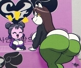 2girls anthro ass ass_cleavage ass_crack avian big_ass black_hair brown_hair bubble_ass bubble_butt butt_crack canine clothing fat_ass female female_focus female_only huge_ass jacket large_ass looking_back massive_ass png smile tansau thick_ass thick_thighs wide_hips