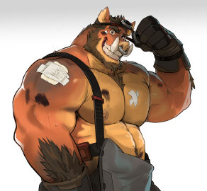1boy bandaid bara bare_pectorals beard big_penis black_gloves boar boar_boy brown_eyes brown_fur brown_hair dad_bod dirty furry furry_male furry_only garret_(saltypoundcake) gay gloves goggles goggles_on_head grin hairy_chest highres hog huge_pectorals large_pectorals looking_at_viewer male male_focus male_only muscular muscular_chest muscular_male nipples nose_piercing nose_ring orange_skin original original_character pecs pectorals penis saltypoundcake smile smiling_at_viewer solo spookeedoo thick_arm_hair thick_arms thick_eyebrows upper_body upper_body_focus yaoi