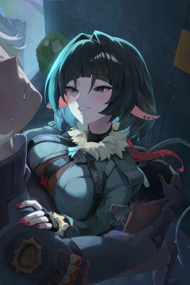 1boy 1girls absurdres animal_ear_piercing animal_ears ass black_gloves black_hair black_pantyhose black_shorts breasts chowol commentary female fingerless_gloves gloves grabbing_from_behind grey_jacket grin highres jacket jane_doe_(zenless_zone_zero) large_breasts mouse_ears mouse_tail multicolored_hair necktie pantyhose police police_badge police_uniform red_hair red_nails seth_lowell short_hair shorts smile straight tail two-tone_hair two-tone_necktie white_hair zenless_zone_zero