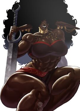 1girls abs athletic athletic_female bahaal_(jinn_hunter) big_breasts breasts clothed clothed_female curly_hair dark-skinned_female dark_skin female female_focus female_only giant giant_female giant_woman giantess gold_jewelry happy happy_female kin_machina large_boobs large_breasts large_female mini_giantess muscular muscular_female smile smiling solo solo_female solo_focus sword toned toned_female
