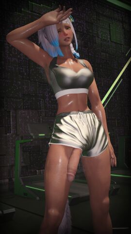 3d clothing dark-skinned_futa eutrope evisaii ffxiv final_fantasy_xiv futanari gpose_(ffxiv) miqo'te partially_clothed shorts solo_futa sports_bra sportswear sweat sweaty wardrobe_malfunction wicked_thunder