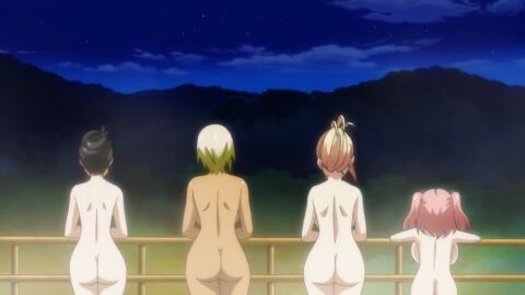 10s 4girls anime_screencap ass backboob bare_ass black_hair blonde_hair breasts cloud dark-skinned_female dark_skin female female_focus fujinoki_nene gyaru hajimete_no_gal highres honjou_ranko huge_breasts kashii_yui large_breasts long_hair multiple_females multiple_girls night night_sky nude outdoors pink_hair screencap shortstack sky standing star_(sky) take_your_pick teenage_female teenager twintails yame_yukana