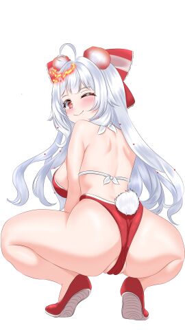 ass ass_focus back_view bear_ears bear_girl bear_tail huge_ass neevinvt polar_bear red_eyes squatting virtual_youtuber white_hair wink