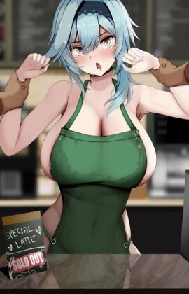 apron bangs blue_hair blurry blurry_foreground blush breasts chromatic_aberration cleavage collarbone covered_navel depth_of_field eula_(genshin_impact) eyebrows_visible_through_hair female genshin_impact hair_between_eyes hairband huge_breasts naked_apron open_mouth sideboob